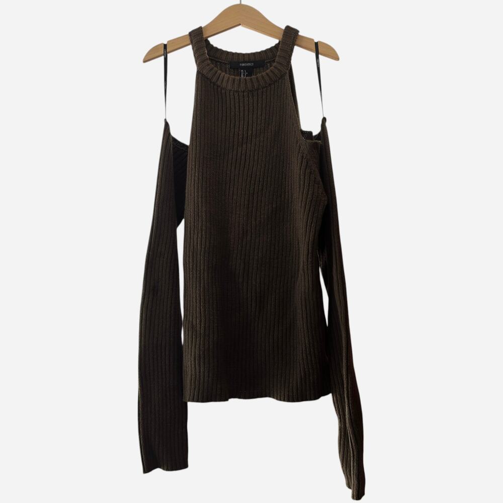 Forever 21 Brown Knit Crewneck Off The Shoulder Pullover Sweater Women's Large